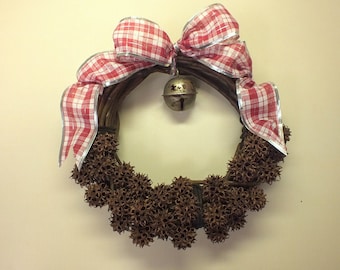 Sweet Gum Balls Grape Vine Christmas Wreath with Weathered Dangling Silver Bell