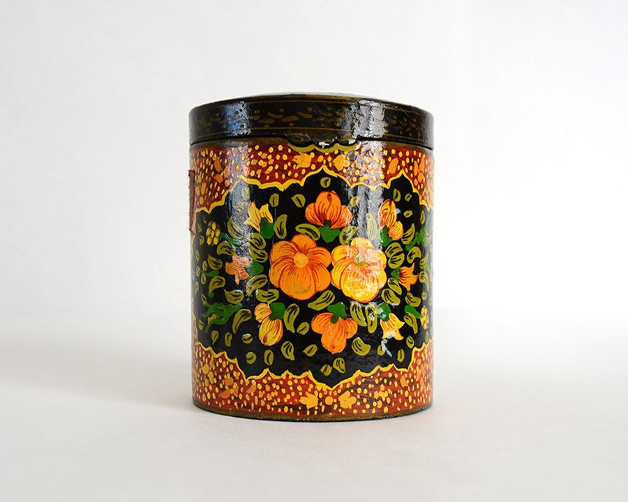 Vintage Paper Mache Lacquered Floral Box Cylinder Box, Hand Made