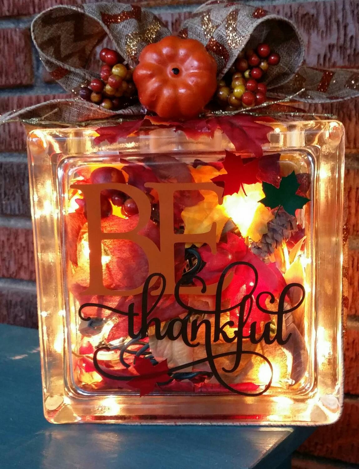 Lighted Glass Block with Vinyl Lettering Be Thankful