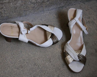 french italian Heyraud braided plaited white bronze and golden leather sandals pumps ankle strap