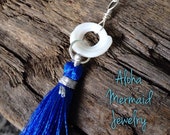 Puka Tassel Silver Necklace,Blue Silver Silk Tassel,Hawaiian Puka Shell Pendant,Boho Silver Tassel Pendant,Sterling Silver Wire Chain