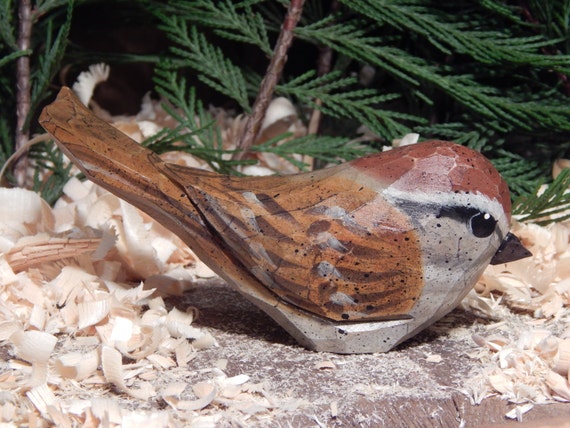 Hand Carved Windowsill Bird Sparrow by OldeWorldCarvings on Etsy