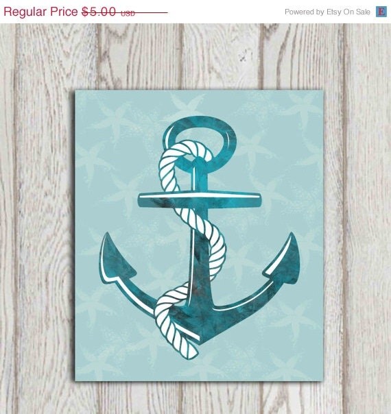 Anchor print Beach art print Teal Nautical print by DorindaArt