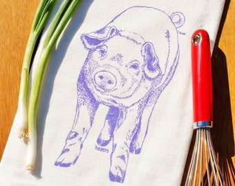 Lilac Pig Flour Sack Tea Towel - Screen Printed Organic Cotton Flour Sack Towel - Eco Friendly Hand Printed Tea Towel