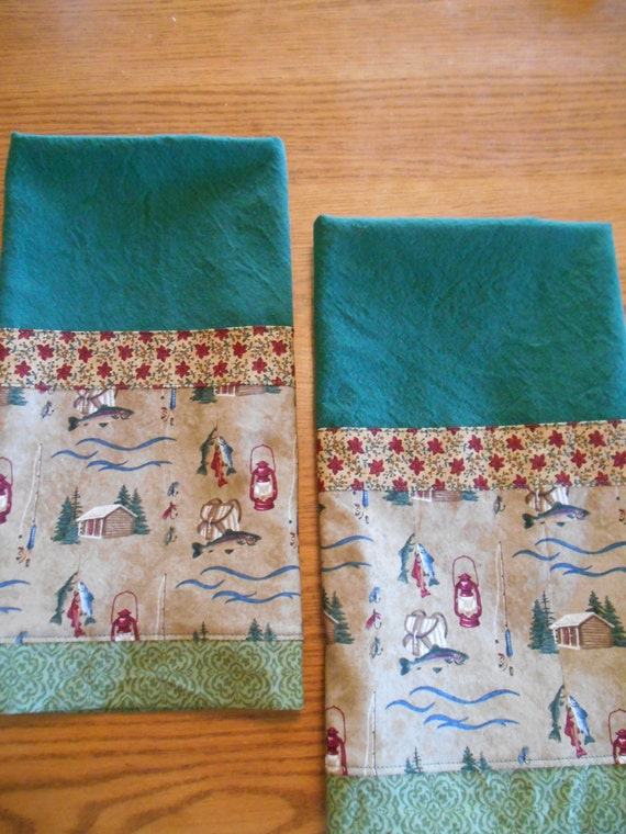 Set of 2 Fabric Trimmed Hand Towels with Mountain Log Cabin