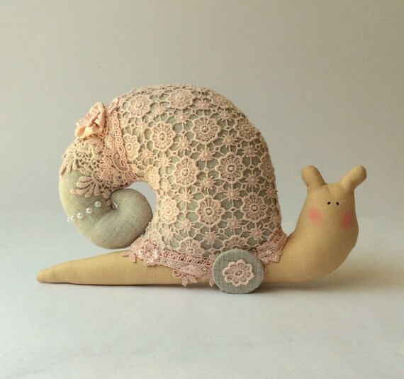shabby chic toy snail plush snail grey shell pink lace shabby chic toy snail plush snail grey shell pink lace