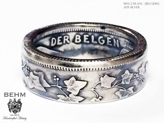 SILVER Handcrafted Coin Ring: 1904 2 Franc (Belgium) - Please select ...