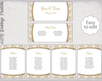 Rustic Seating chart template "Burlap & Lace" printable seating chart cards DIY ecru wedding table plan YOU EDIT Word instant Download