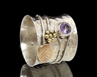 Amethyst & 925 Sterling Silver Ring with Brass Flower and Leaf Detail #033