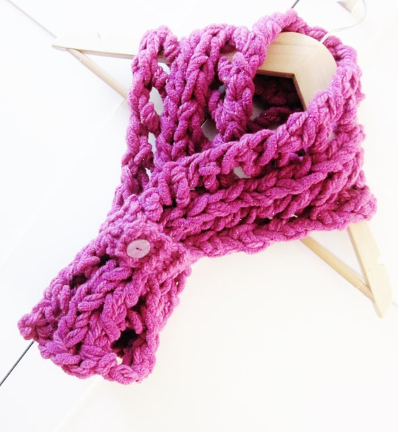Bright pink chenille hand knitted scarf cerise by OnePurlRow