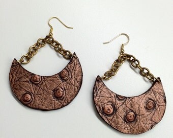 Bronze Crescent Ostrich Embossed Leather Earrings