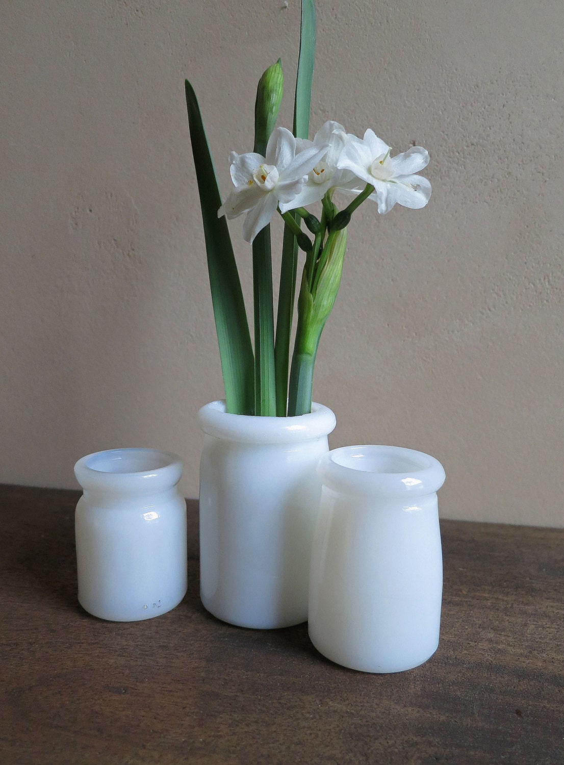 Set of 3 White Glass Jars Small White Milk Glass by MinniesFlea