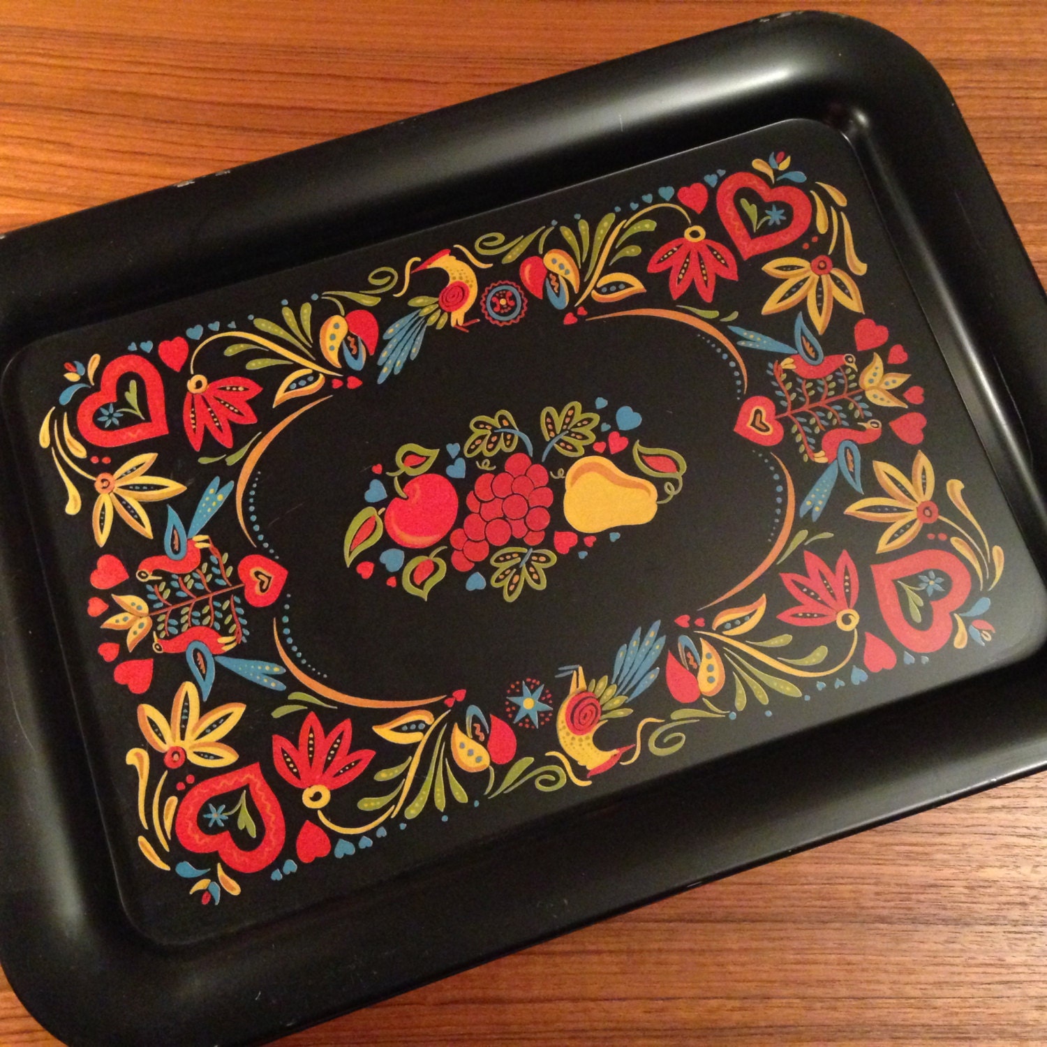 Vintage metal trays with bright painted fruits, flowers and birds ...