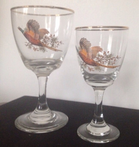 Pair Of Vintage Pheasant Motif Glasses Gold Rim One Sherry One