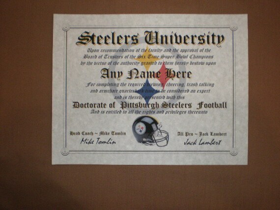 PITTSBURGH STEELERS Football Fan Certificate Diploma