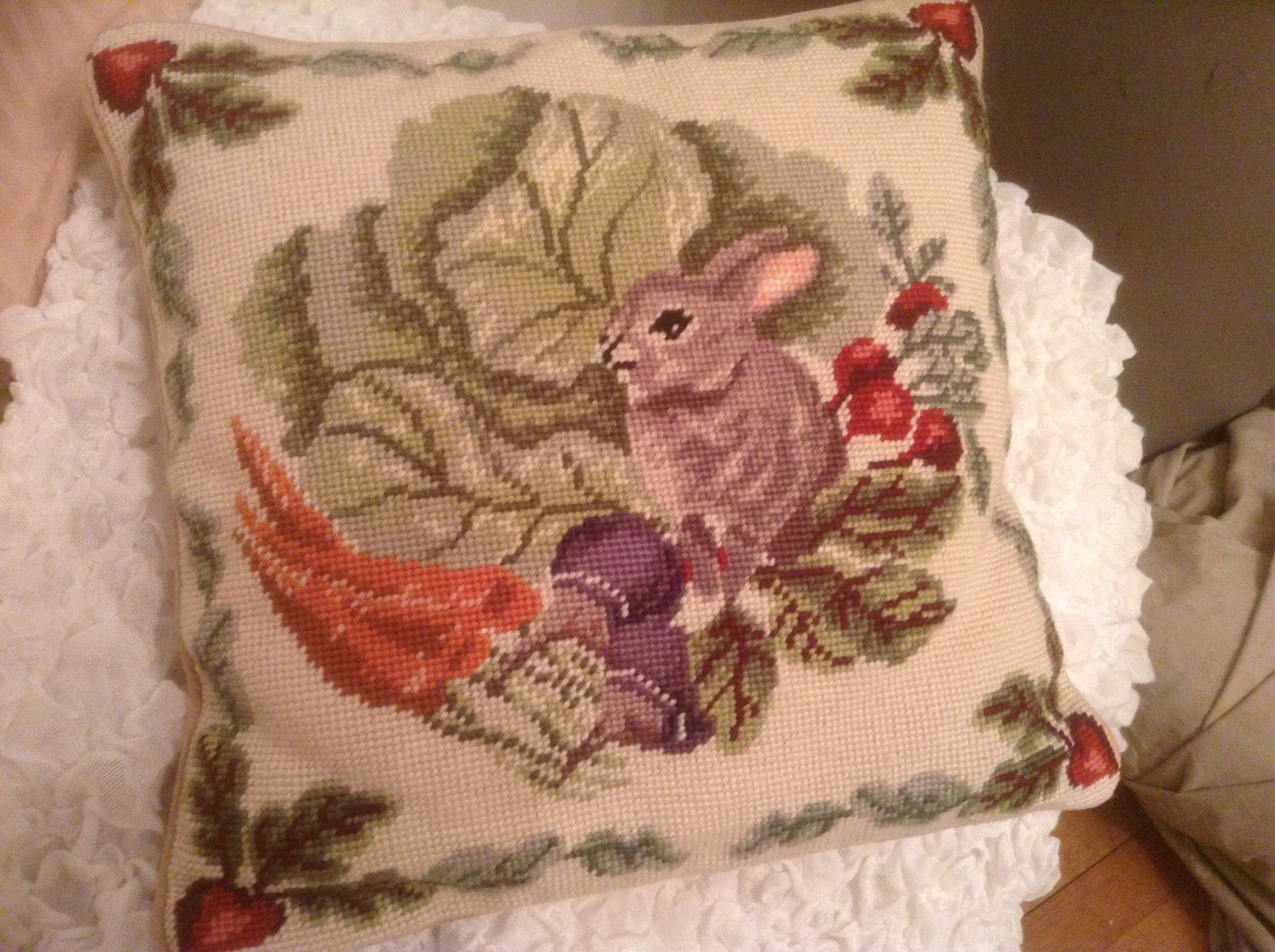 needlepoint bunny pillow