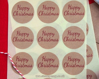 Happy Christmas Kraft Brown Sticker 40mm (1 1/2in) Kraft Stickers, Envelope Seals, Labels, Christmas Labels, Parcel Stickers - PSS044
