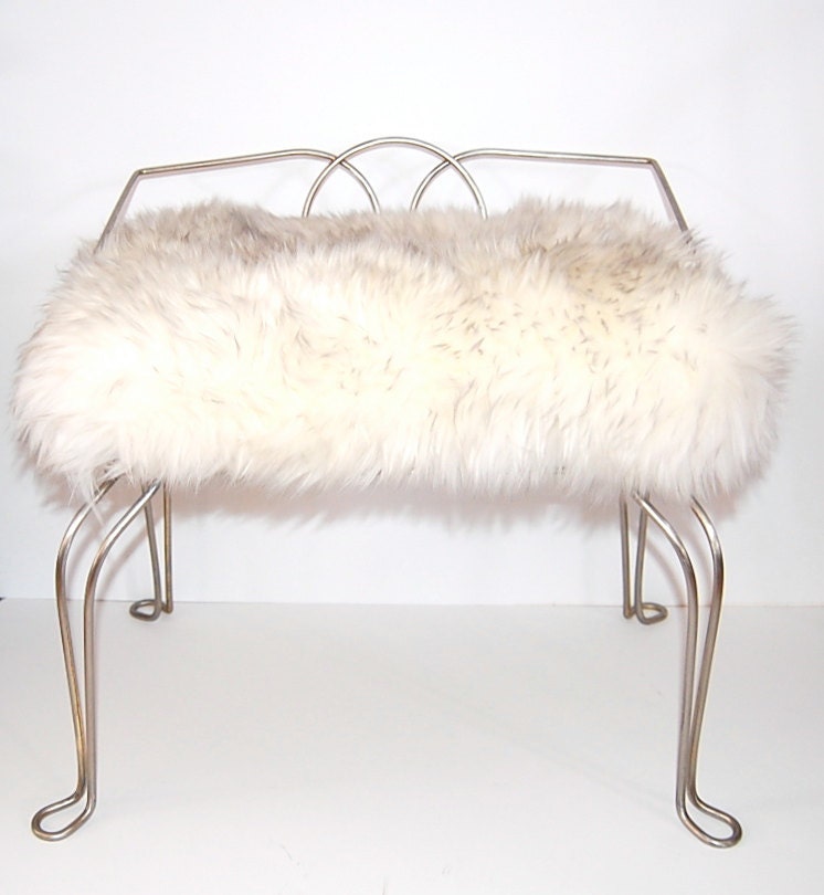 White Fluffy Genuine Sheepskin Metal Stool/ Vanity Seat