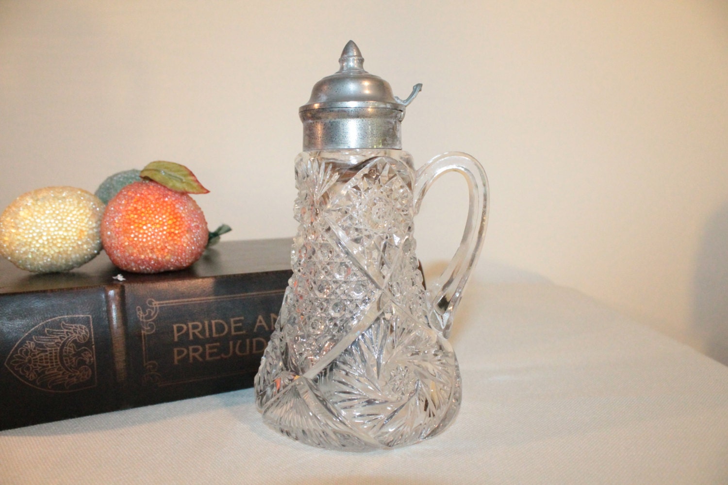 Cut Lead Crystal Syrup Pitcher with Pewter Lid Haute Juice
