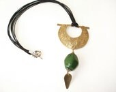 Handmade Crescent Pendant-Hand Hammered Gold Bronze Pendant-Cold Connection-Modern Necklace-Green Big Glass Bead-Silver Connection-Wax Cord