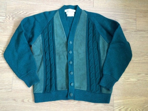 Items similar to Mens vintage wool and suede cardigan size Large forest ...