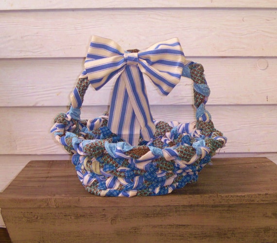 Fabric Braided Basket with Handle Blue Rustic by CedarFairHome