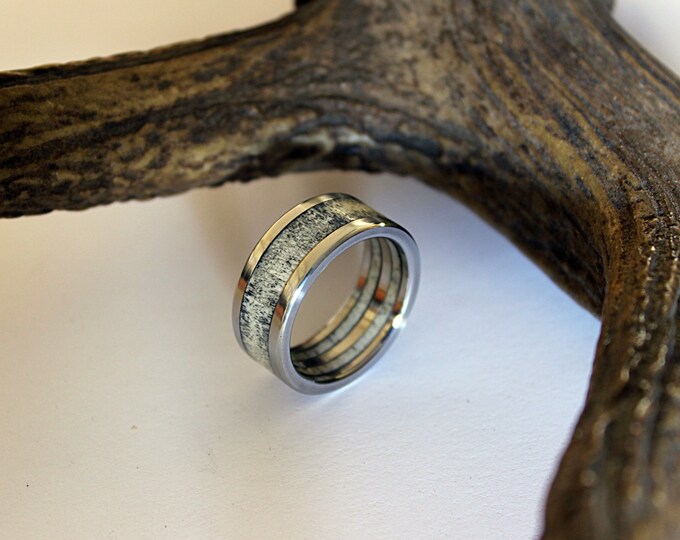 Deer Antler Ring, Antler Jewelry, Titanium Ring, Mens Titanium Weidding Band Inlaid With Deer Antler