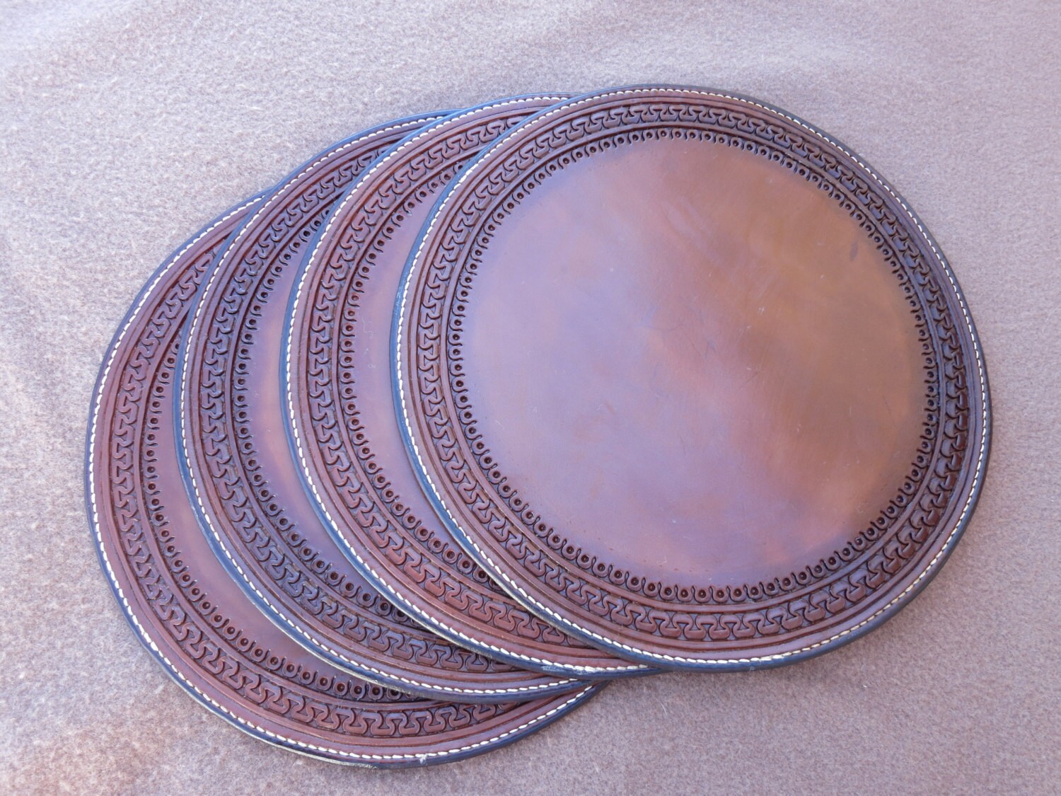 Set of 4 Leather Charger Plates Placemats. 13 Round.