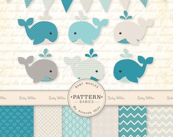 Premium Blue Baby Whales Clip Art & Digital Paper Set - Whale Clipart, Blue Whale Digital Paper, Baby Whales, Vintage Whales, Baby Shower