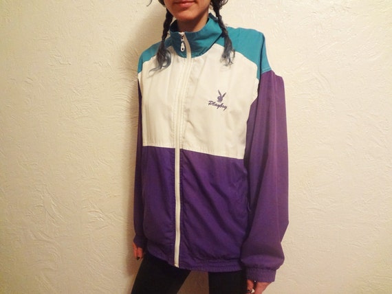 90s Playboy windbreaker Purple white and turquoise teal