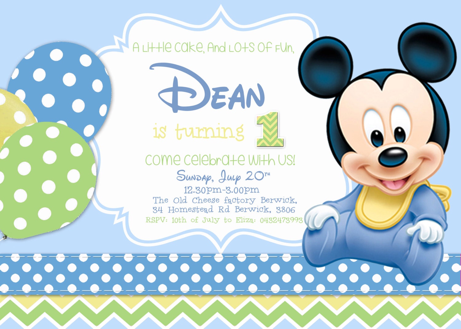 SALE Baby Mickey Birthday Invitation/Boy Birthday/ Mickey