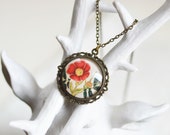 Floral Motifs // Round pendant metal brass with the image under the glass // Retro, Vintage, Rustic // Brown, Beige, Red //