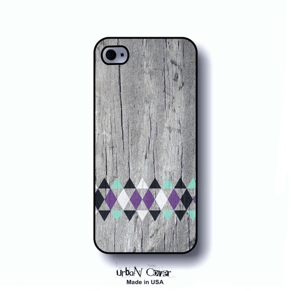 Geometric phone case iPhone 5, purple and Mint triangles, tribale wood phone cover, printed wood iPhone case (0032.5)