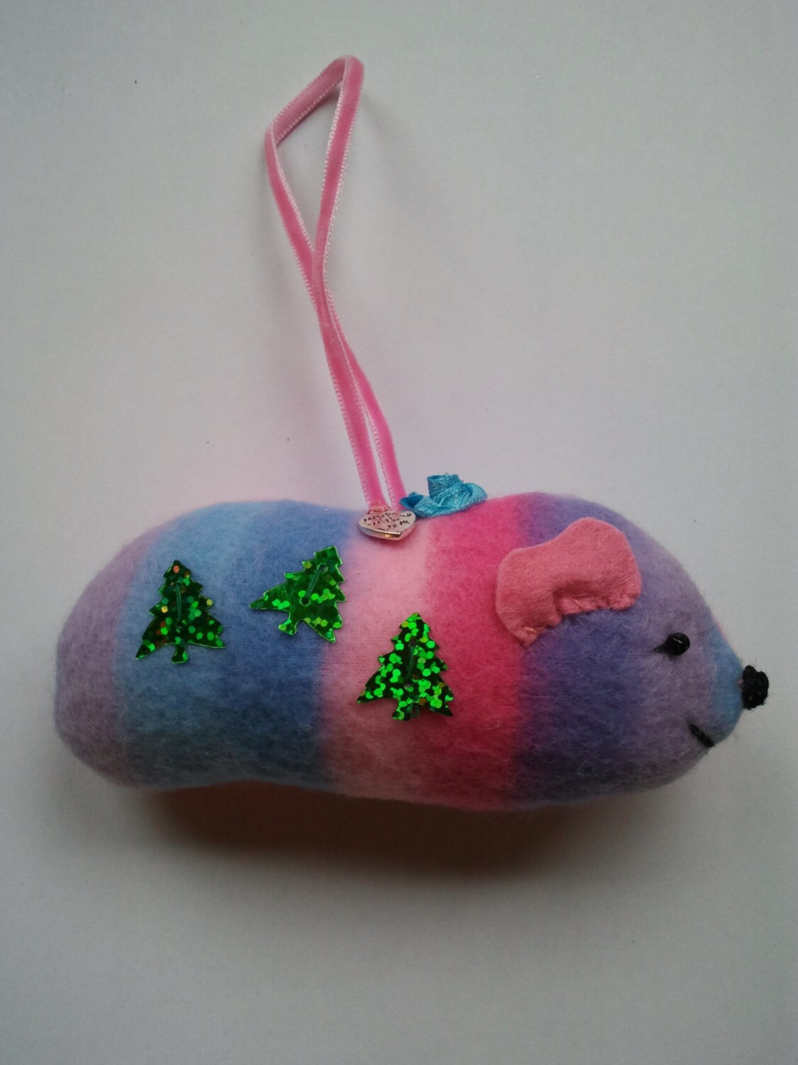 Hand made recycled pastel stripe fleece Fabric Hamster/Guinea Pig Christmas tree hanging decoration