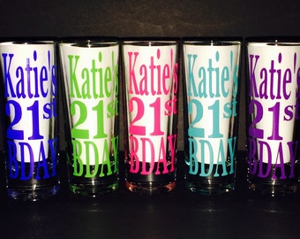 Set of 5 Personalized "21st BDAY" shot glasses!! Your choice of colors!! Great for Birthday Parties and Girls Night Out!!! Set of 5!!!