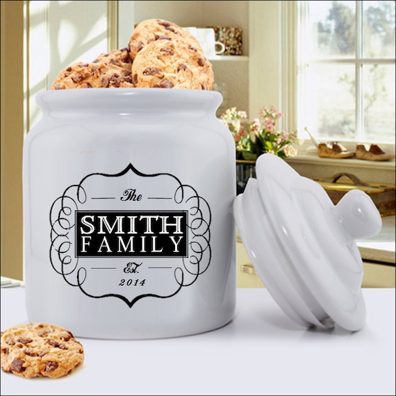 personalized cookie jar with cookies in it on a a counter in a kitchen
