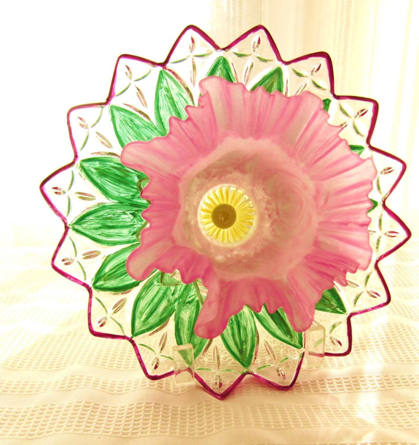 vintage glass garden art plate flower glass art repurposed