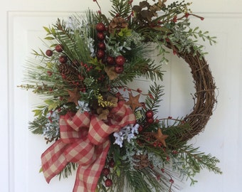 Christmas Wreath-Rustic Wreath-Holiday Wreath-Winter Wreath-Grapevine ...