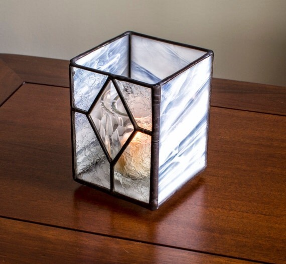 White Stained Glass Votive Candle Holder with Bevel and Clear Glass