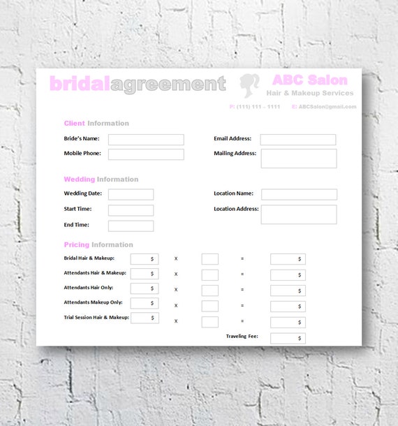 Hair Stylist & Makeup Artist Bridal Agreement Contract