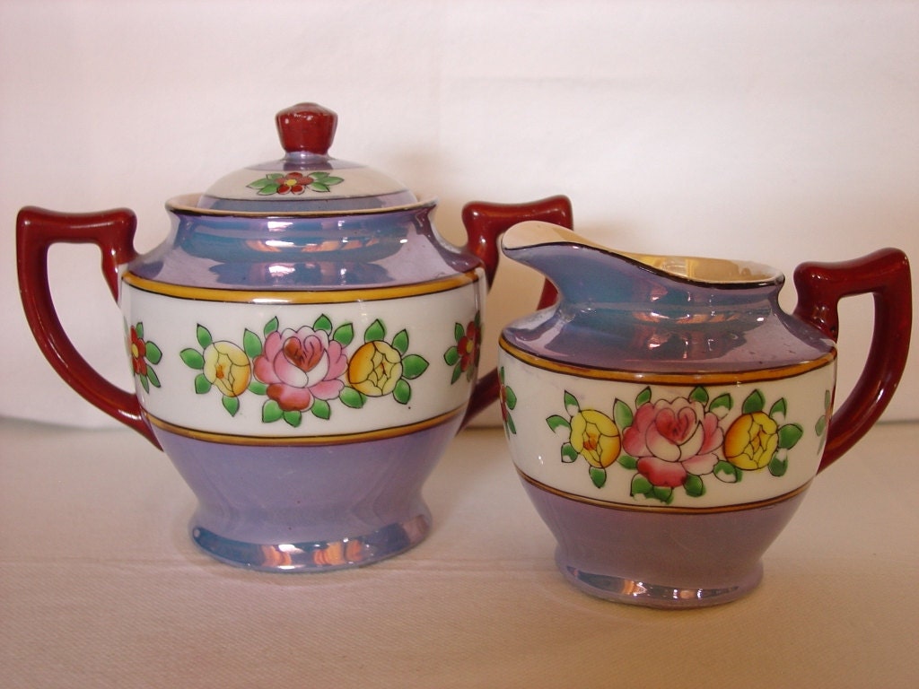 LusterWare made in Japan sugar bowl with cover and creamer Haute Juice