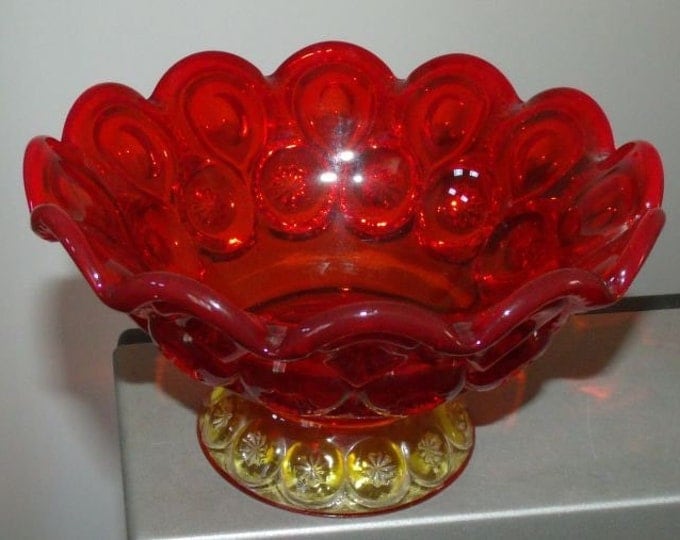 Storewide 25% Off SALE Wonderful Vintage Deep Red Ruby Glass Designer Pedestal Bowl Compote Featuring Lovely Moon & Star Amberina Design