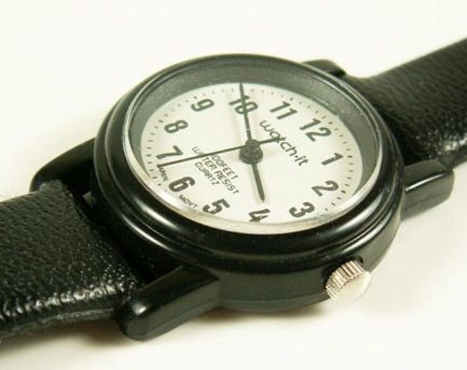 Storewide 25% Off SALE Lovely Vintage Ladies Watch It Designer Quartz Water Resistant Watch Featuring Original Textured Black Leather Band
