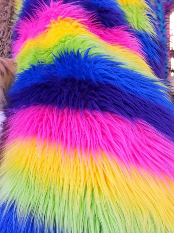 Multi color rainbow fake fur. Sold by the yard.