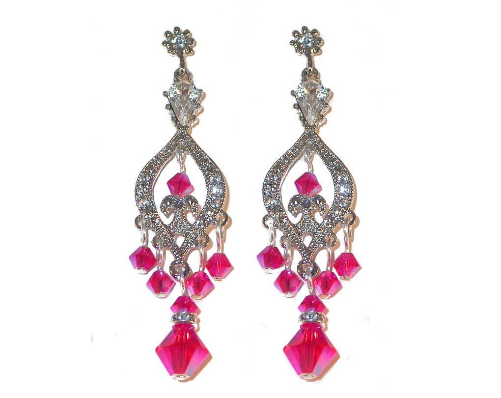 HOT PINK Crystal Chandelier Earrings Swarovski Elements Silver