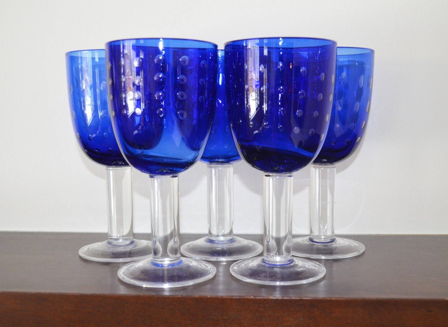 Seeded Cobalt Blue Wine Glasses Set of 5 Vintage Barware
