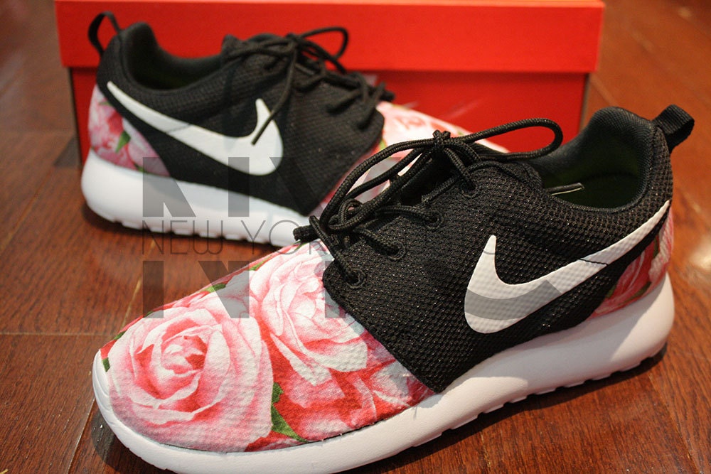 Nike Roshe Run Black White Bushel of Roses Floral by NYCustoms