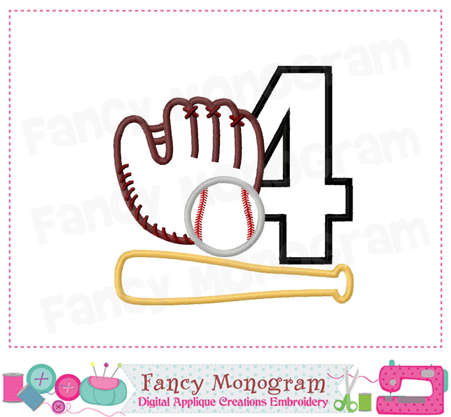 Baseball Number 4 appliqueBirthday Number 4 by FancyMonogram