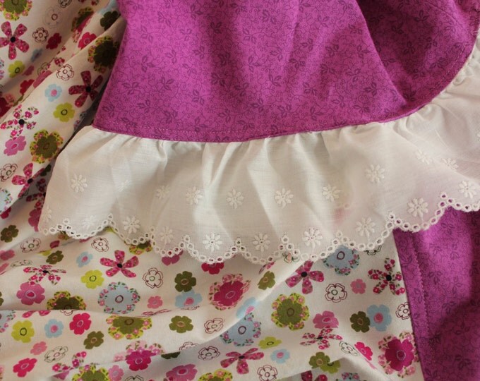 HALF PRICE ** Blue and Magenta Girl's Size 5 Floral Dress with pale blue bodice, magenta and Floral print Skirt and white eyelet ruffle.