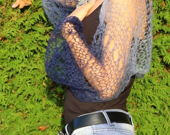 Denim blue loose knit shrug bolero hand knit hand made mohair yarn